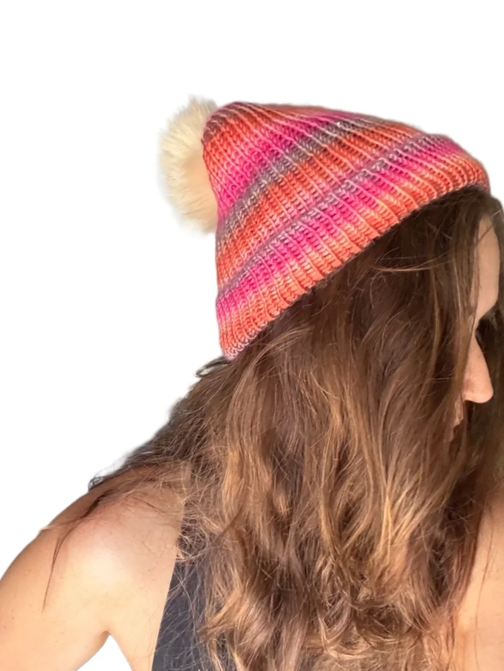 New knit pink striped foldover beanie hat